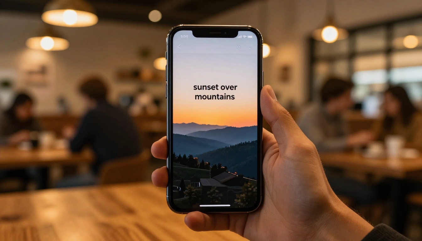 A smartphone showing a text-to-image prompt being typed in a warm coffee shop setting