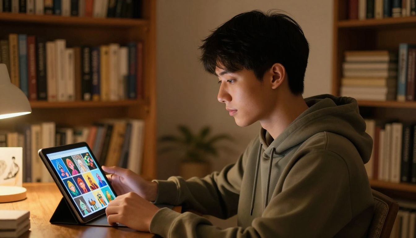 A man in a cozy library reading a tablet showing a gallery of AI-generated images