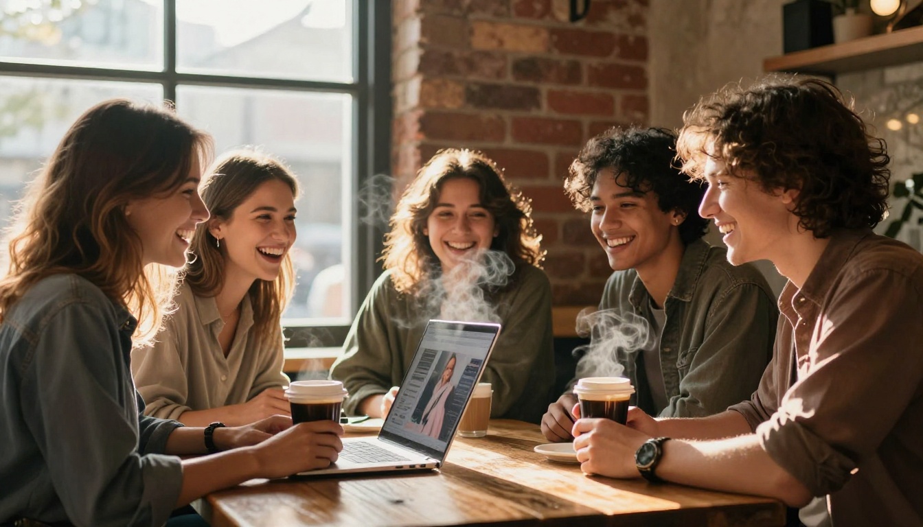 Three diverse friends gathered around a laptop in a warm cafe, laughing while looking at AI-generated images together