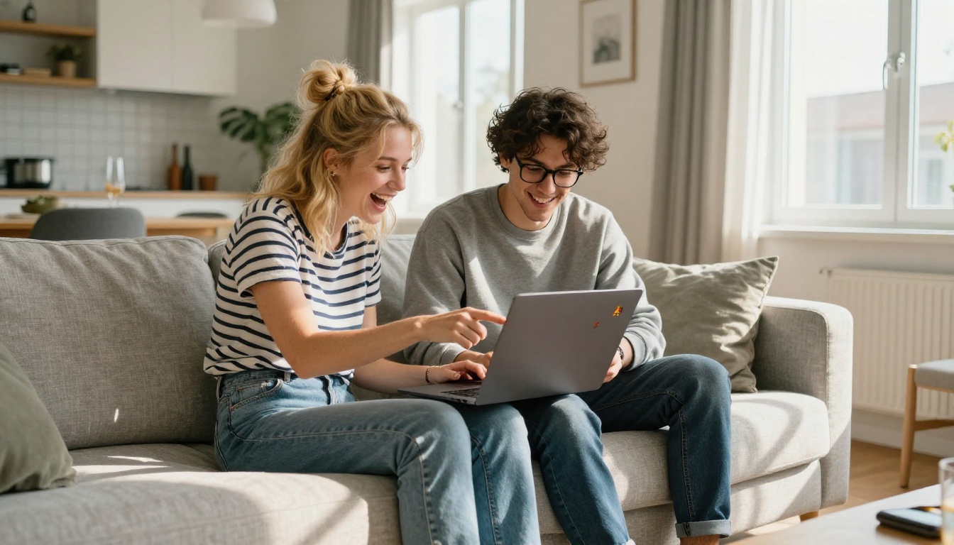 Two friends laughing together on a couch while viewing AI-generated images on a laptop