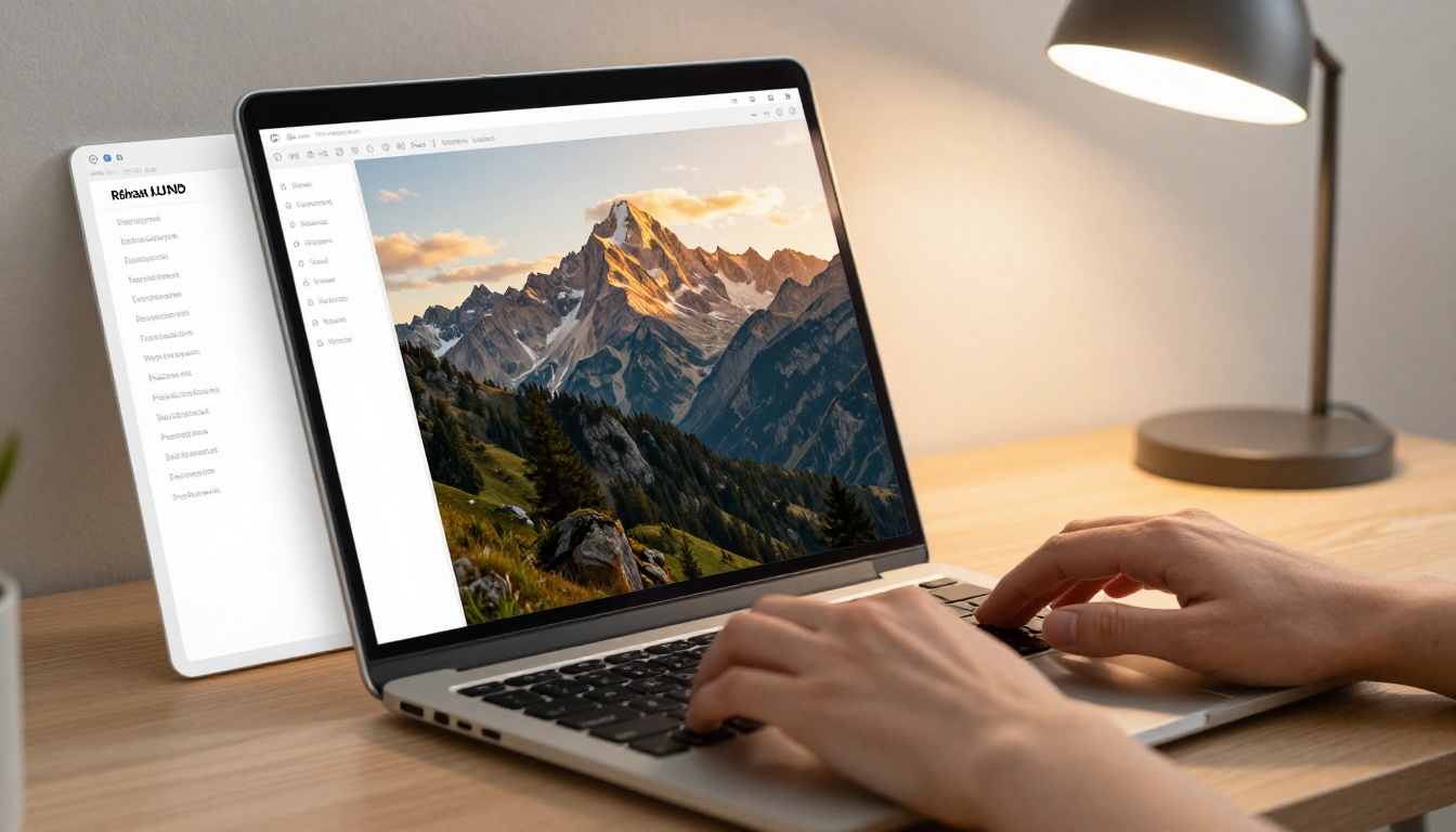 A laptop showing a split view of a text prompt on the left and an AI-generated landscape on the right