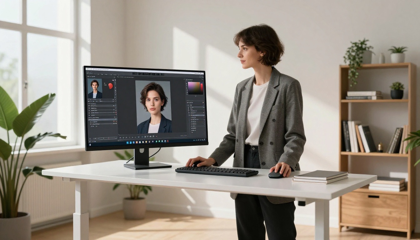 A confident young woman working at a standing desk, focused on a large monitor displaying a professional AI-generated portrait image