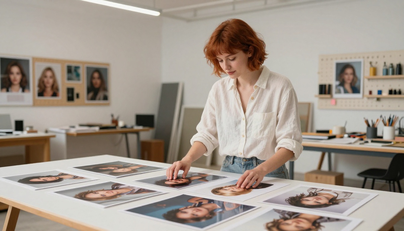 A young woman reviewing a spread of printed AI-generated portrait photos on a studio worktable