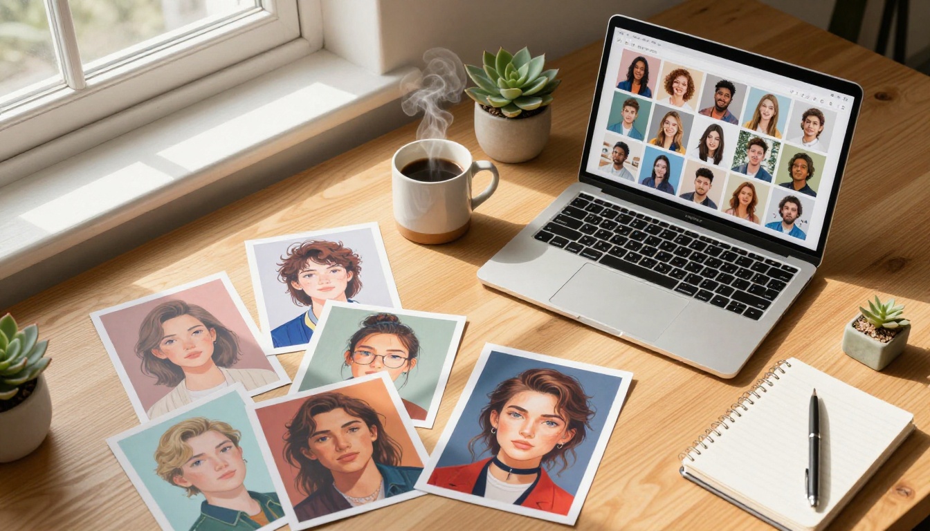 Overhead flat-lay of a warm creative workspace with a laptop showing AI-generated images, coffee, and printed photos on a wood desk