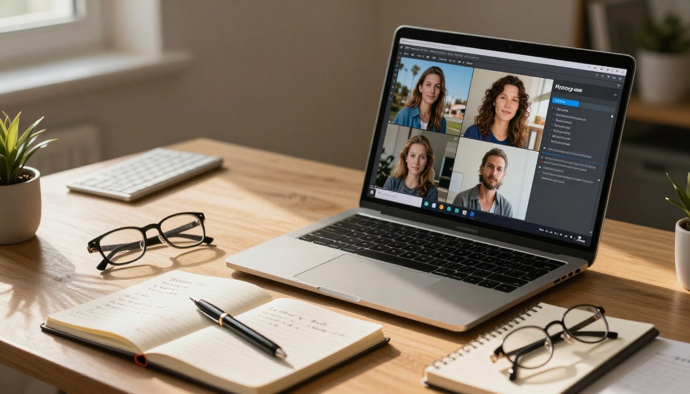 A home office desk with a notebook of prompt notes, reading glasses, and a laptop showing AI-generated images