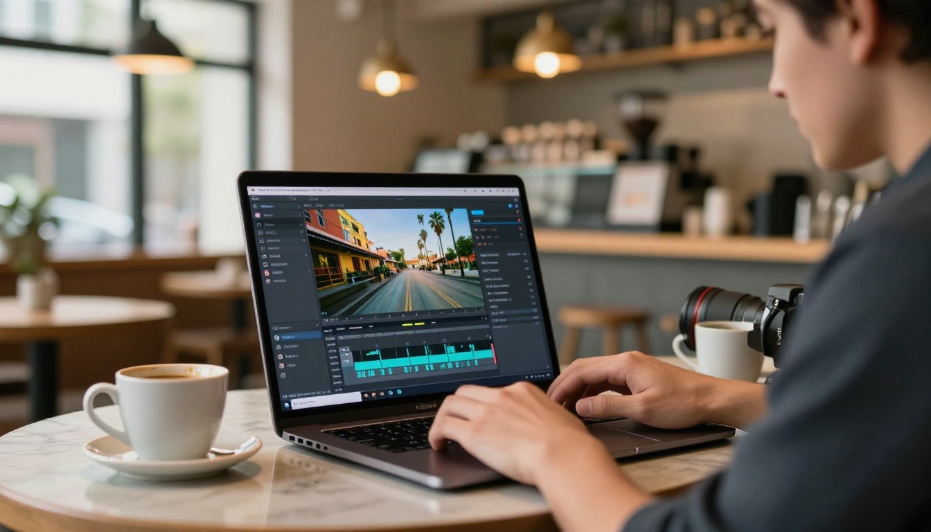 Video content creator reviewing AI-generated footage on a laptop in a modern coffee shop, natural diffused afternoon light, over-the-shoulder perspective