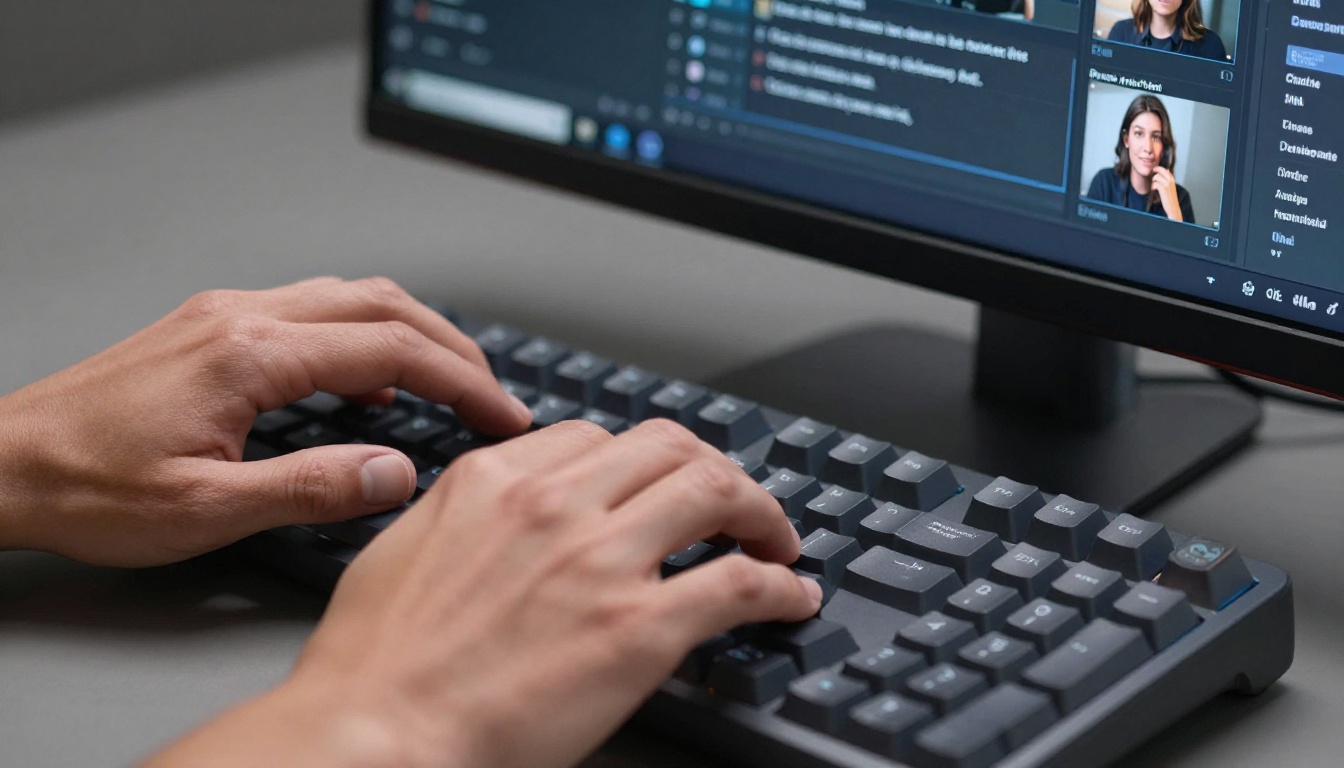 Professional hands typing on a mechanical keyboard with AI video interface glowing on monitor in background, Sigma 35mm close-up, crisp LED lighting