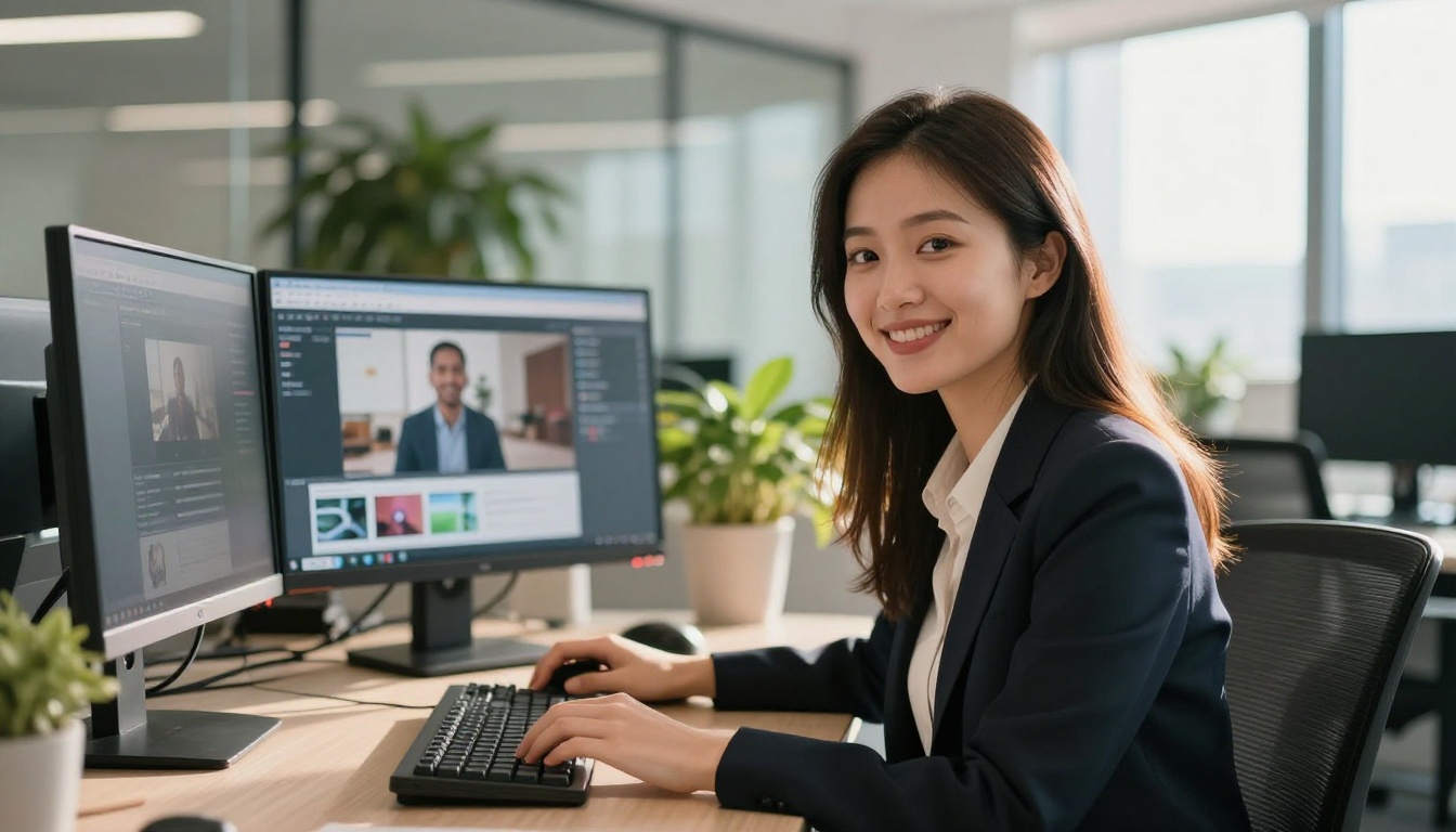 Young female marketing professional smiling while reviewing AI-generated video content on dual monitors in a bright modern open office, Sony A7R V portrait photography