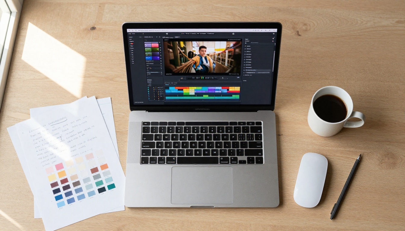 Aerial flat-lay view of creative director's organized desk with MacBook Pro showing AI video timeline, handwritten notes, palette swatches, overhead natural light