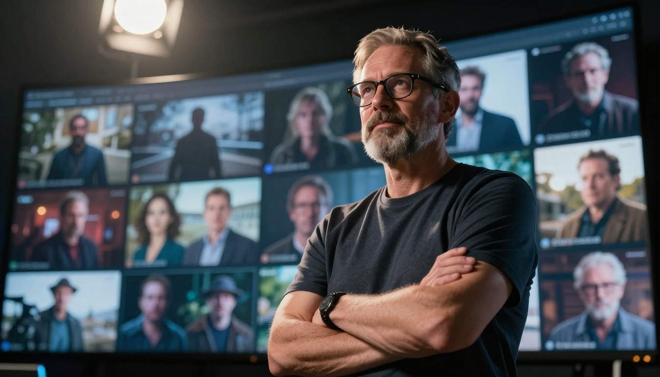 Confident film producer standing in front of large video wall displaying AI-generated video thumbnails, dramatic directional studio lighting, Nikon Z9 low-angle portrait