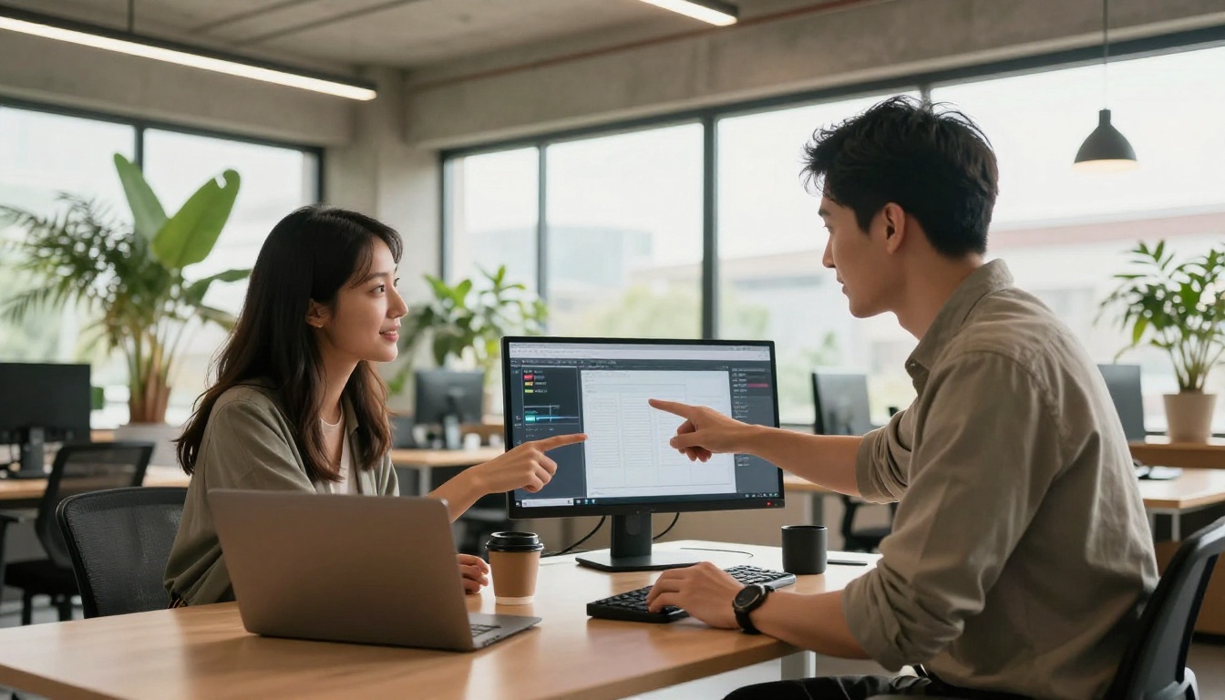 Two creative professionals collaborating at a standing desk, pointing at monitor showing AI video interface, natural daylight from floor-to-ceiling windows, Canon R3