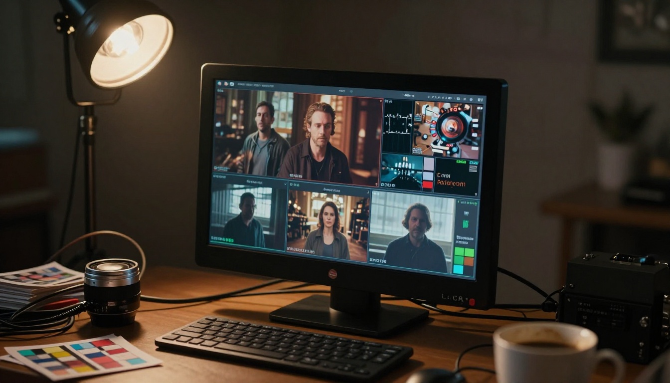 Professional broadcast-quality monitor displaying cinematic AI-generated video frames with rich color grading, dramatic Rembrandt lighting, Leica SL2-S close-up