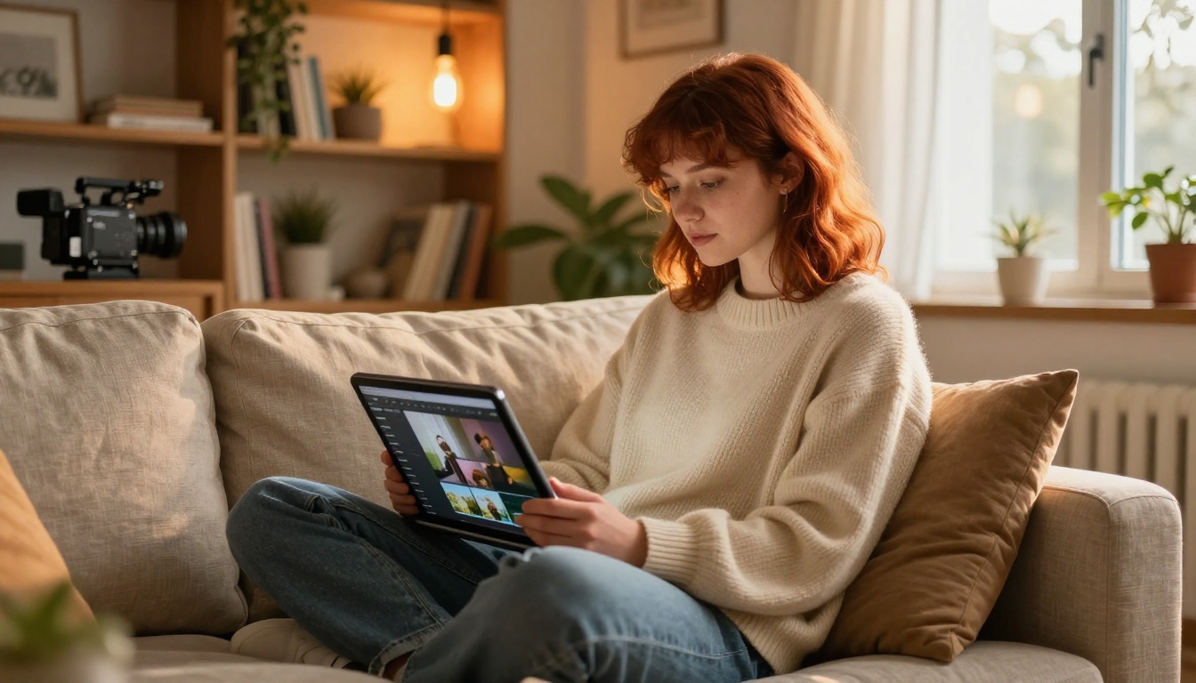 Young content creator woman with auburn hair relaxing on a linen sofa with a tablet showing AI video results, cozy home office with bookshelves and Edison lamps, golden hour light
