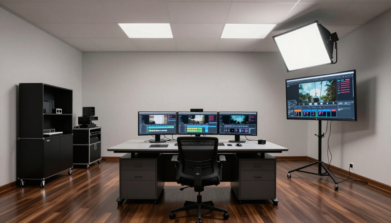Wide-angle interior shot of professional video production studio with three monitors displaying AI software timelines, broadcast reference monitor, LED overhead lighting, Canon 16mm architectural perspective