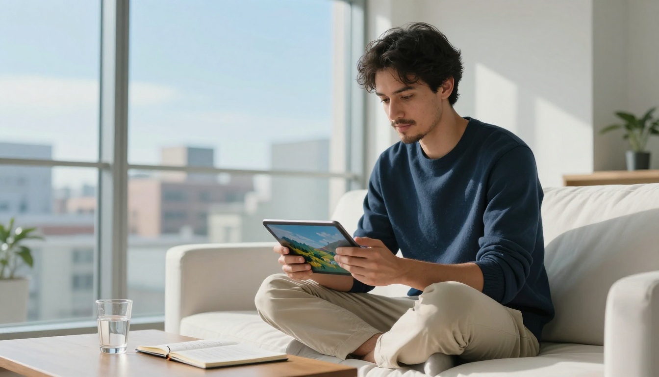 Creative professional using a tablet to browse AI-generated content