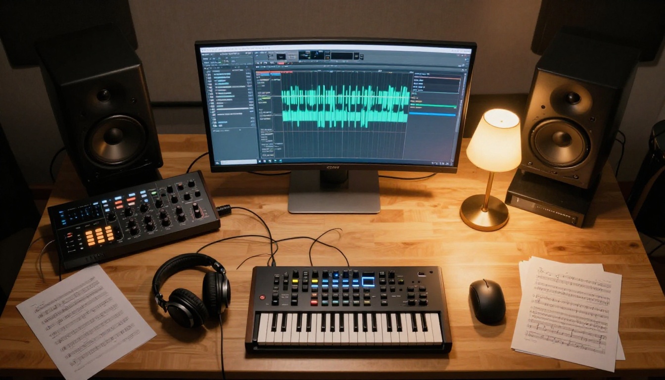 Music producer's studio desk with headphones and audio interface