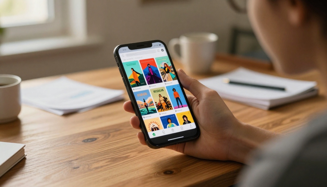 Person browsing AI image marketplace on smartphone