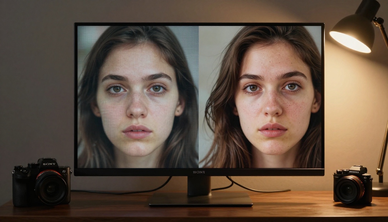 Super resolution AI comparison on a professional monitor