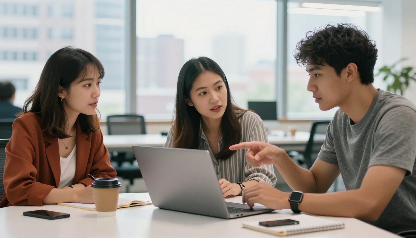 Diverse professional team collaborating over AI tools on a laptop