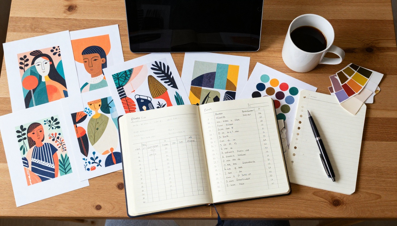 Aerial view of desk workspace with income planning materials