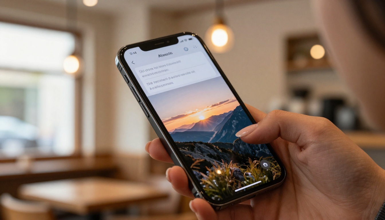 AI text-to-image interface on smartphone in a cafe
