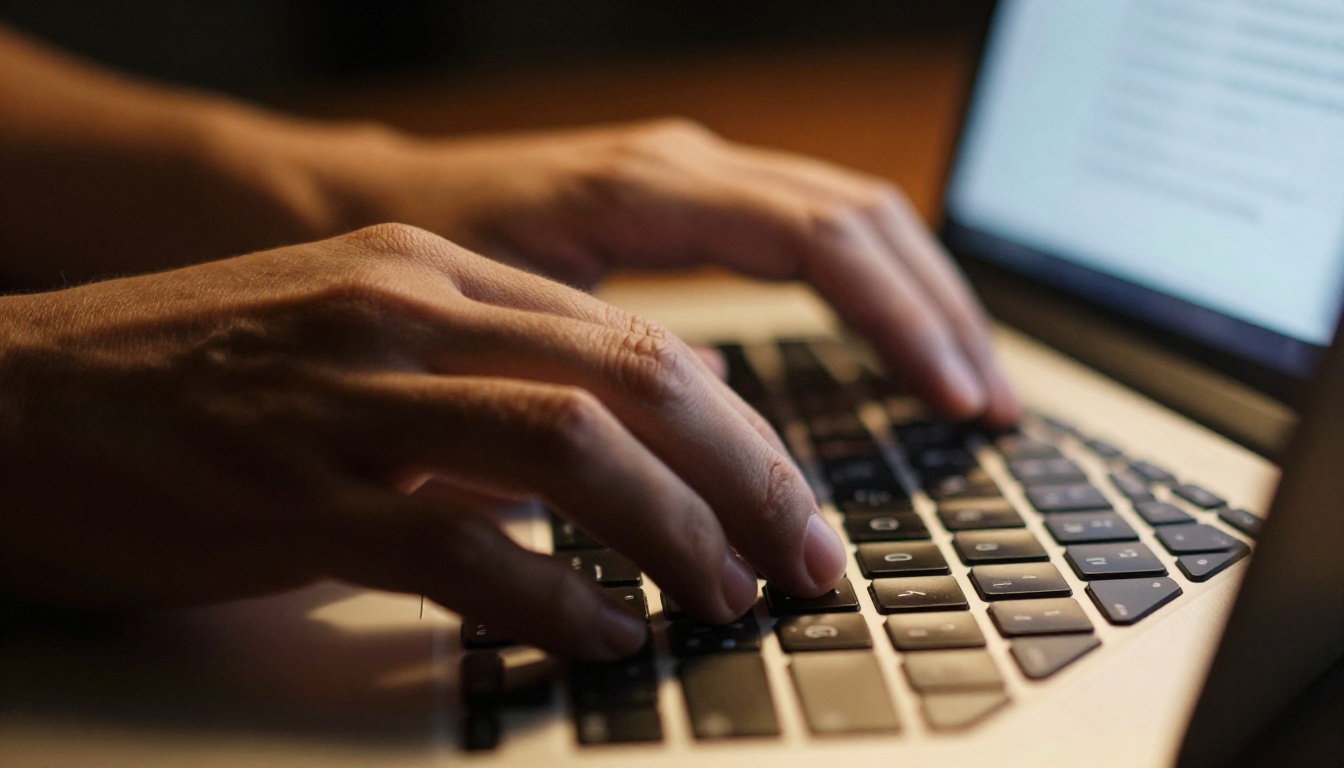 Close-up of hands typing on laptop keyboard