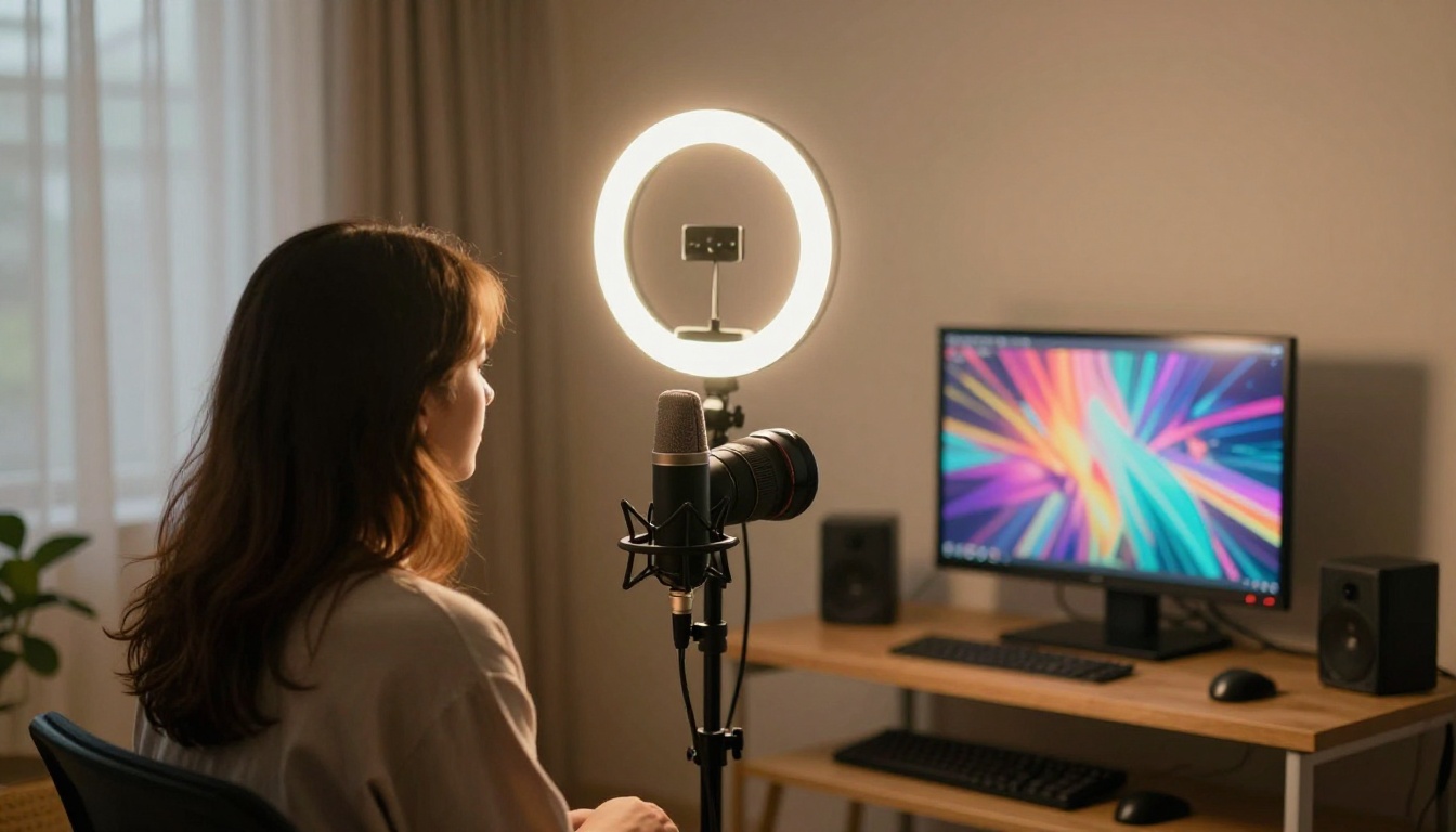 Content creator setting up home studio