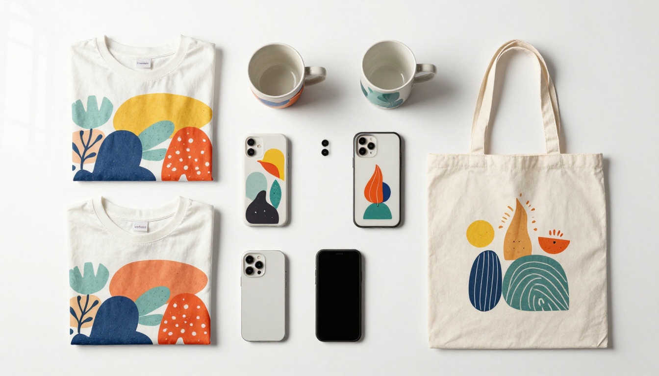 Print-on-demand product collection flat lay