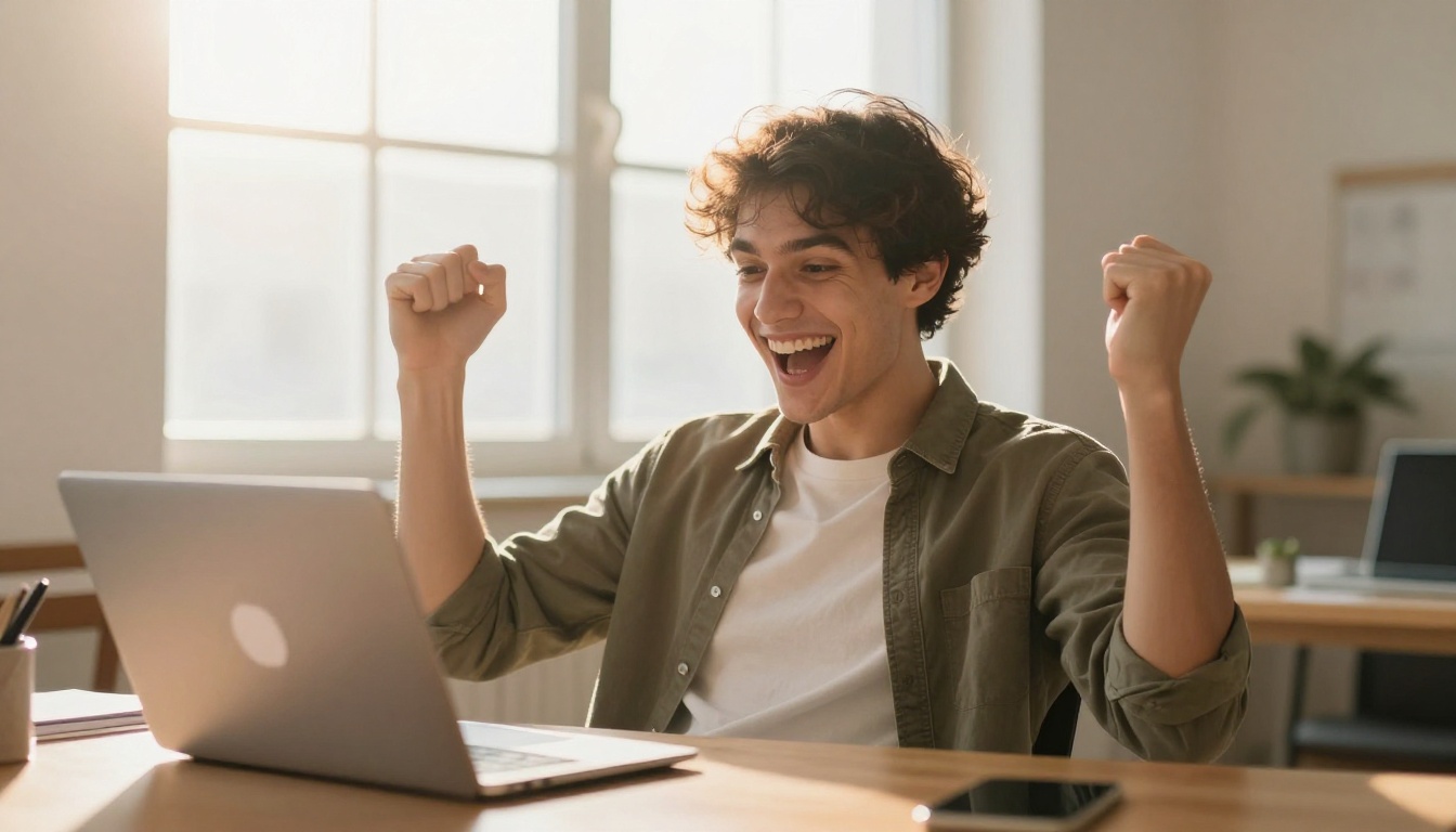 Entrepreneur celebrating first online sale