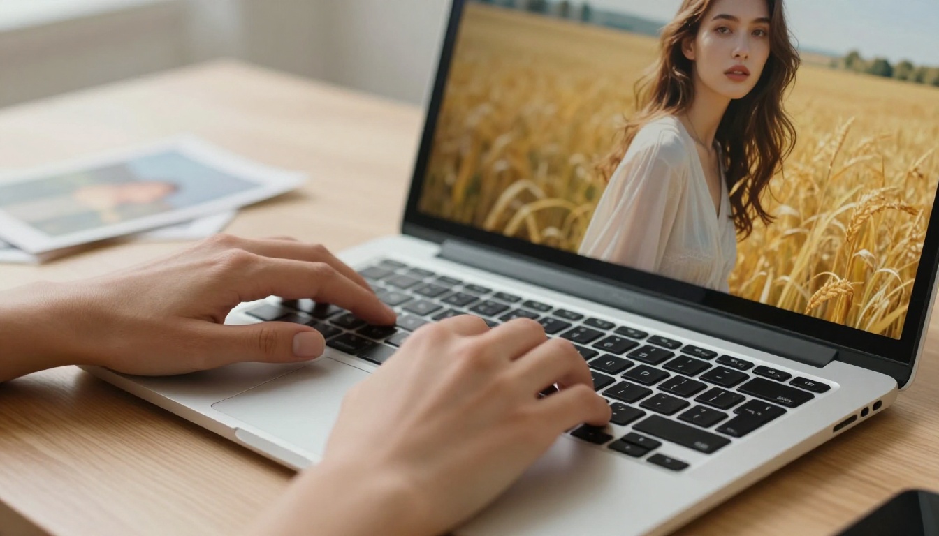 Hands typing on a white laptop with a clean AI-generated portrait visible on screen