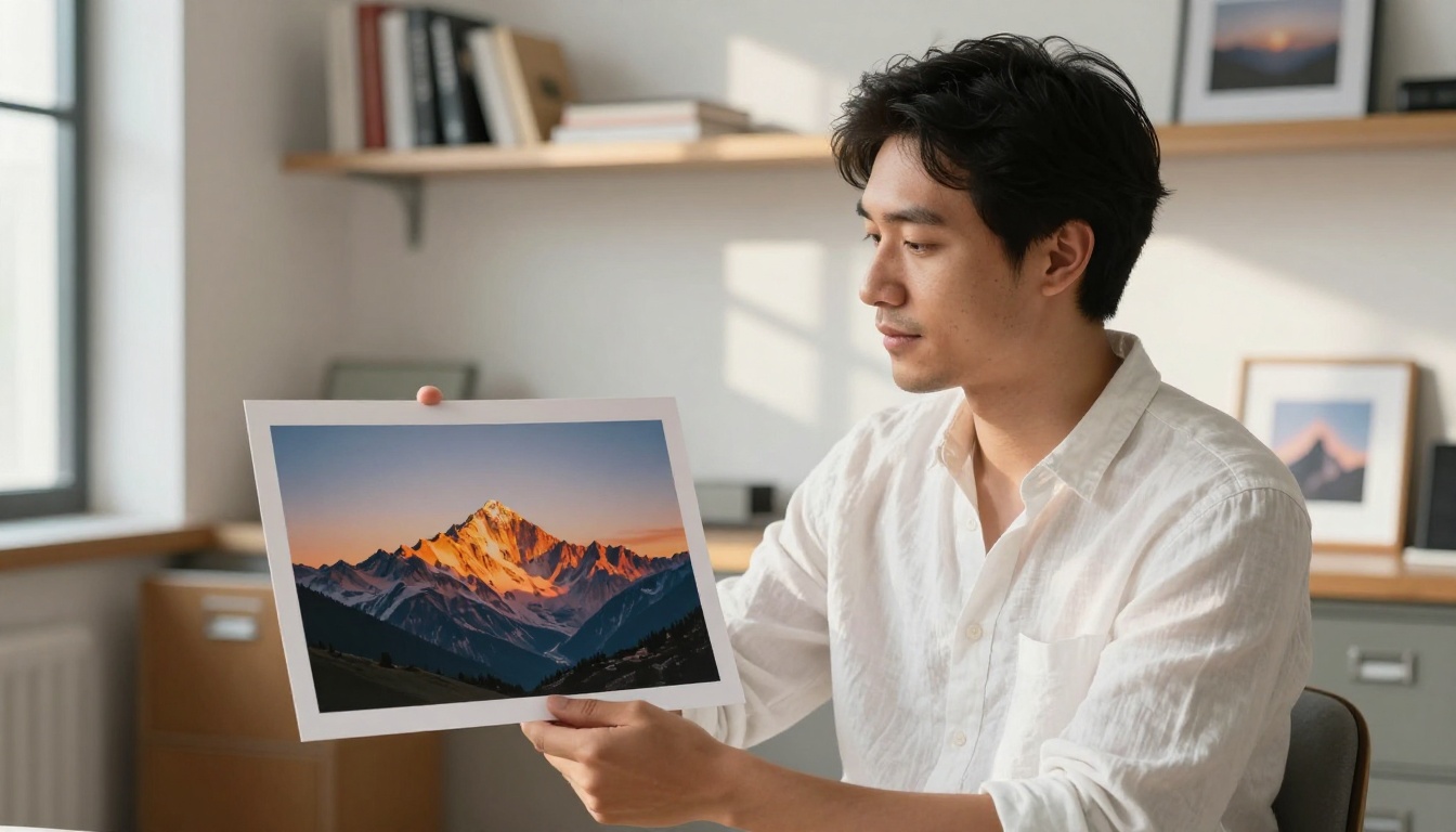 A creative professional holding a clean watermark-free AI print in a bright studio