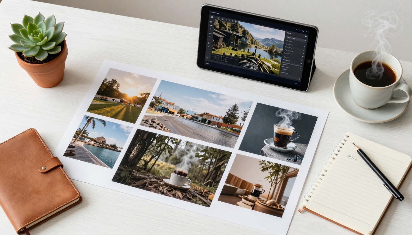 Clean AI-generated images and prints spread across a creative workspace flatlay
