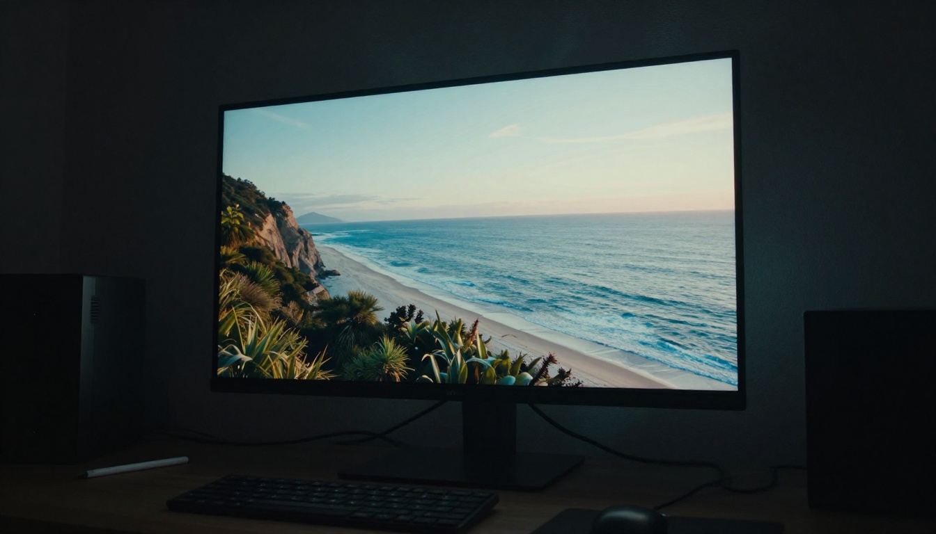 A monitor displaying a clean AI-generated landscape in a dim studio, screen casting dramatic light into the room