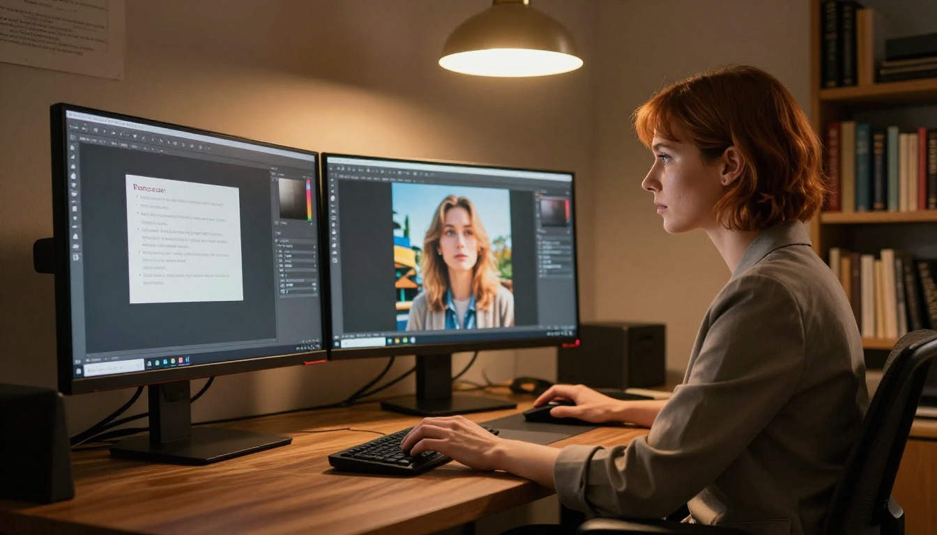 A graphic designer working at dual monitors showing an AI generation interface and clean output