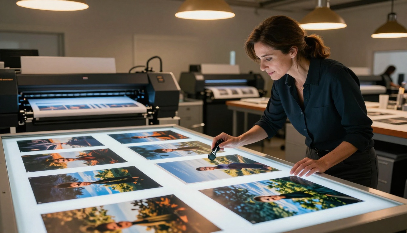 A woman examining AI prints on a light table in a photo printing studio under warm amber light