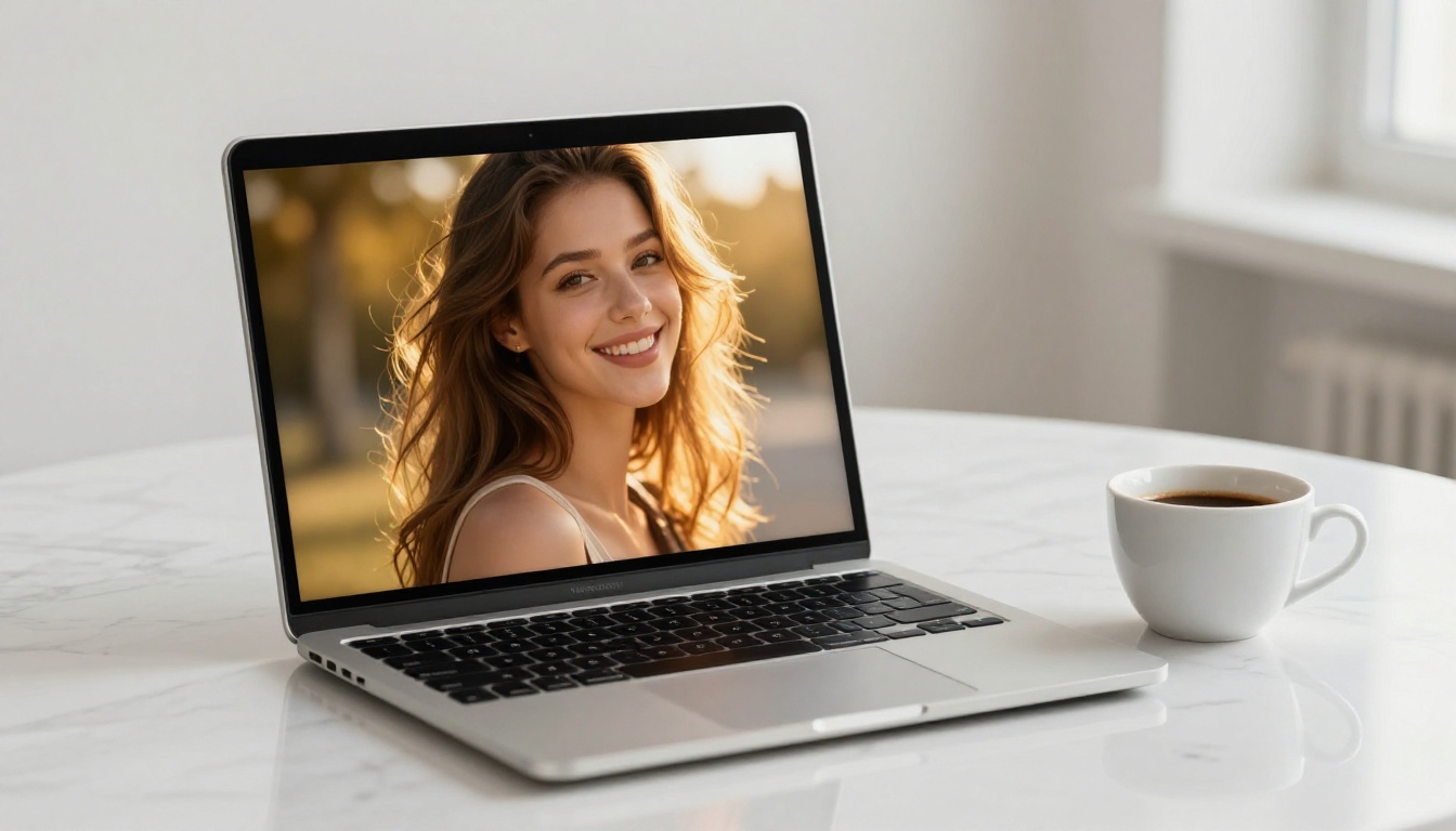 A laptop on marble showing a clean AI-generated image with no watermarks and an espresso cup nearby