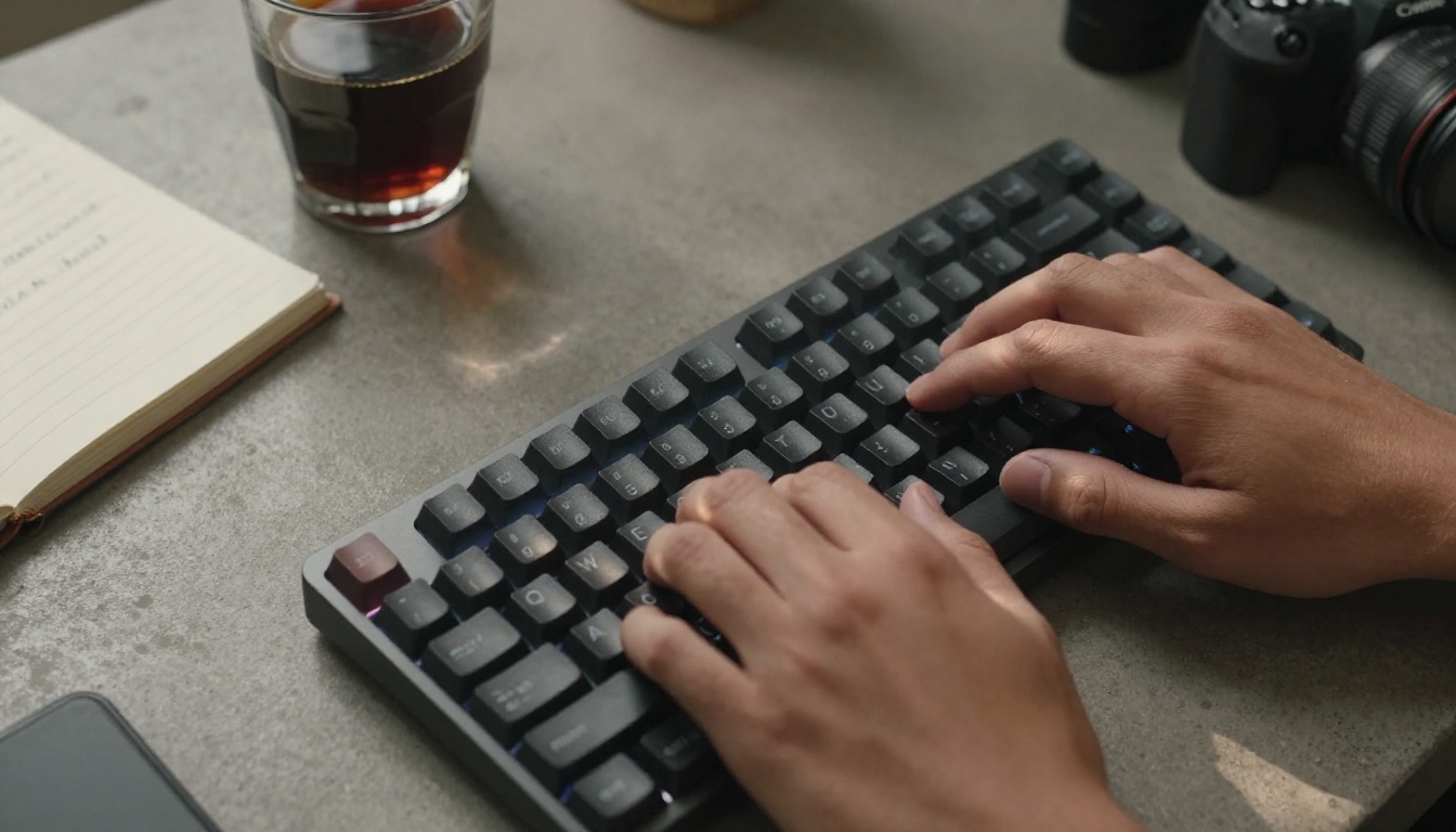 Professional typing at keyboard surrounded by coffee and notebooks in a creative workspace Professional typing at keyboard surrounded by coffee and notebooks in a creative workspace