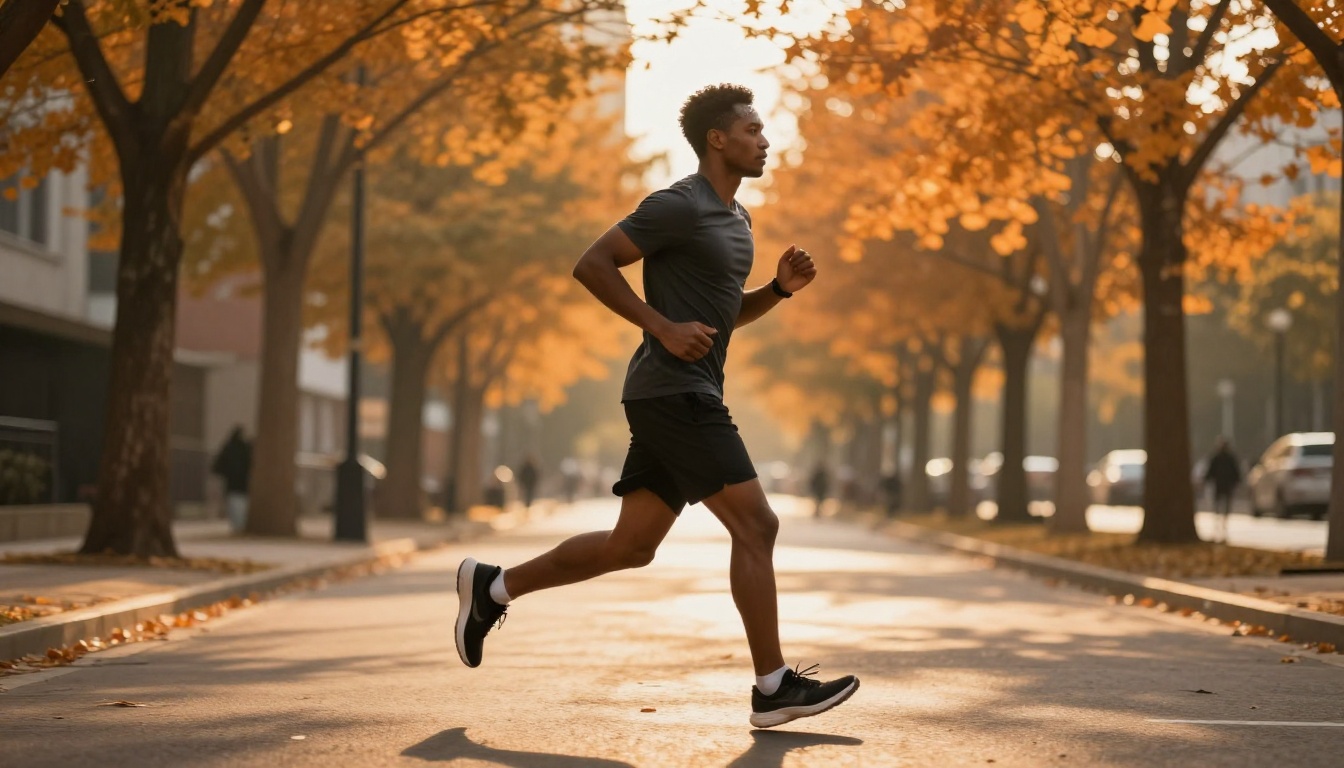 Athletic person jogging through park at golden hour with warm volumetric light through trees Athletic person jogging through park at golden hour with warm volumetric light through trees