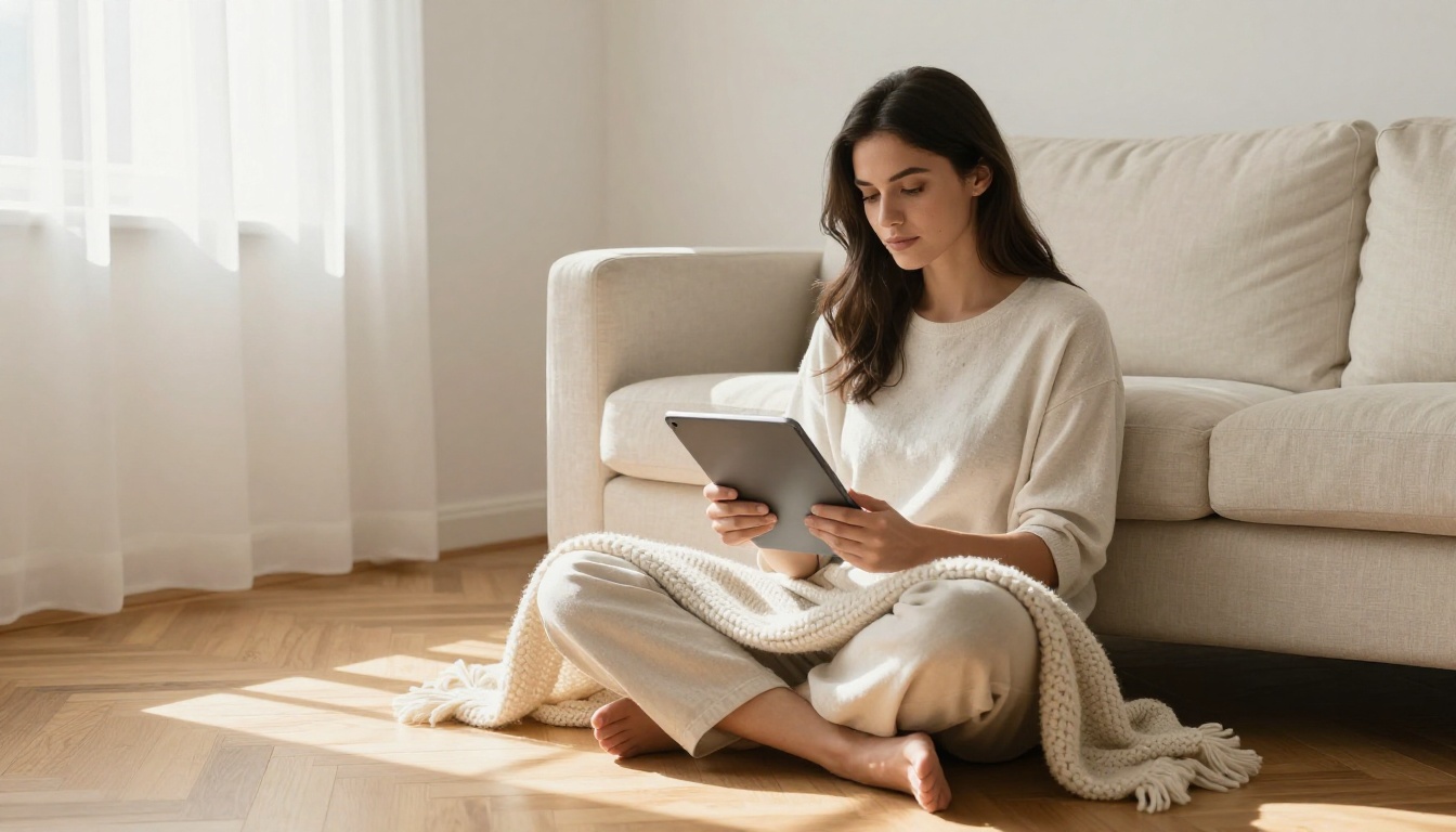 Woman sitting comfortably on sofa with tablet in a bright Scandinavian apartment Woman sitting comfortably on sofa with tablet in a bright Scandinavian apartment