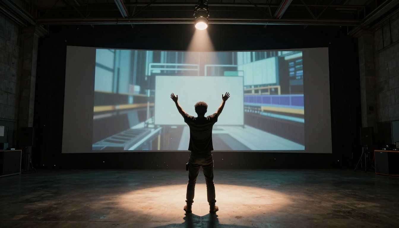 Film director standing on sound stage beneath a spotlight facing a large projection screen Film director standing on sound stage beneath a spotlight facing a large projection screen