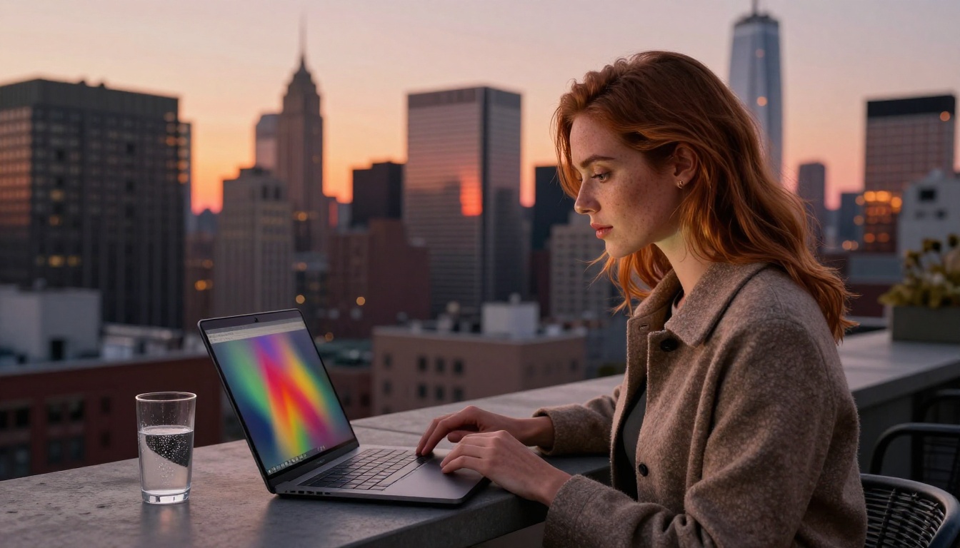 Woman with auburn hair at a rooftop terrace at sunset overlooking a city skyline