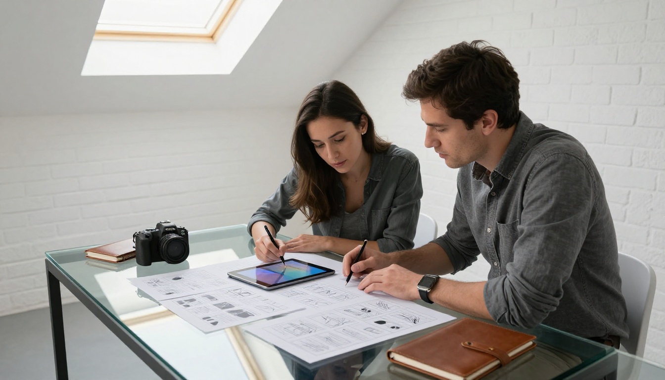 Two creative professionals reviewing storyboards and digital content on a glass table