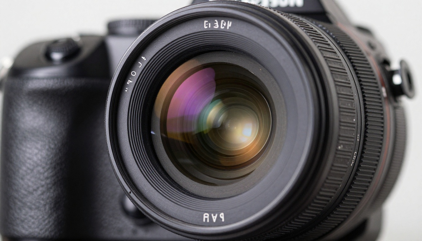 Close-up macro shot of professional camera lens showing optical glass coating reflections