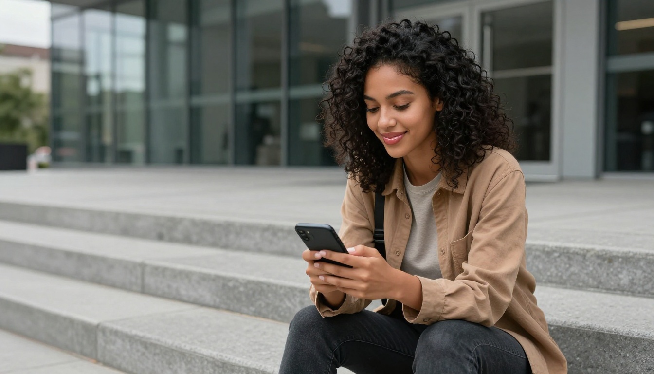 Young woman with curly hair sitting on building steps scrolling through her phone with a relaxed smile