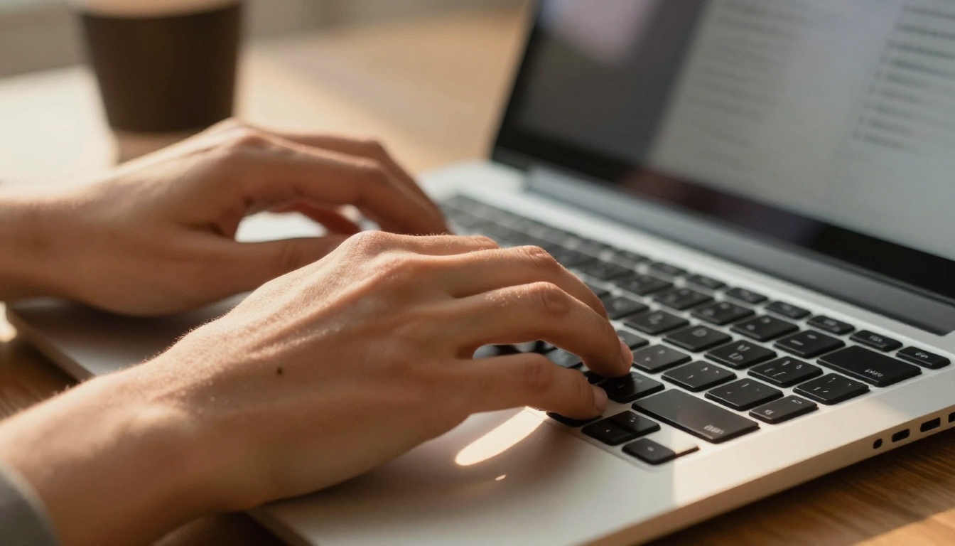 Creative professional working at desk with keyboard and monitor, morning light streaming in