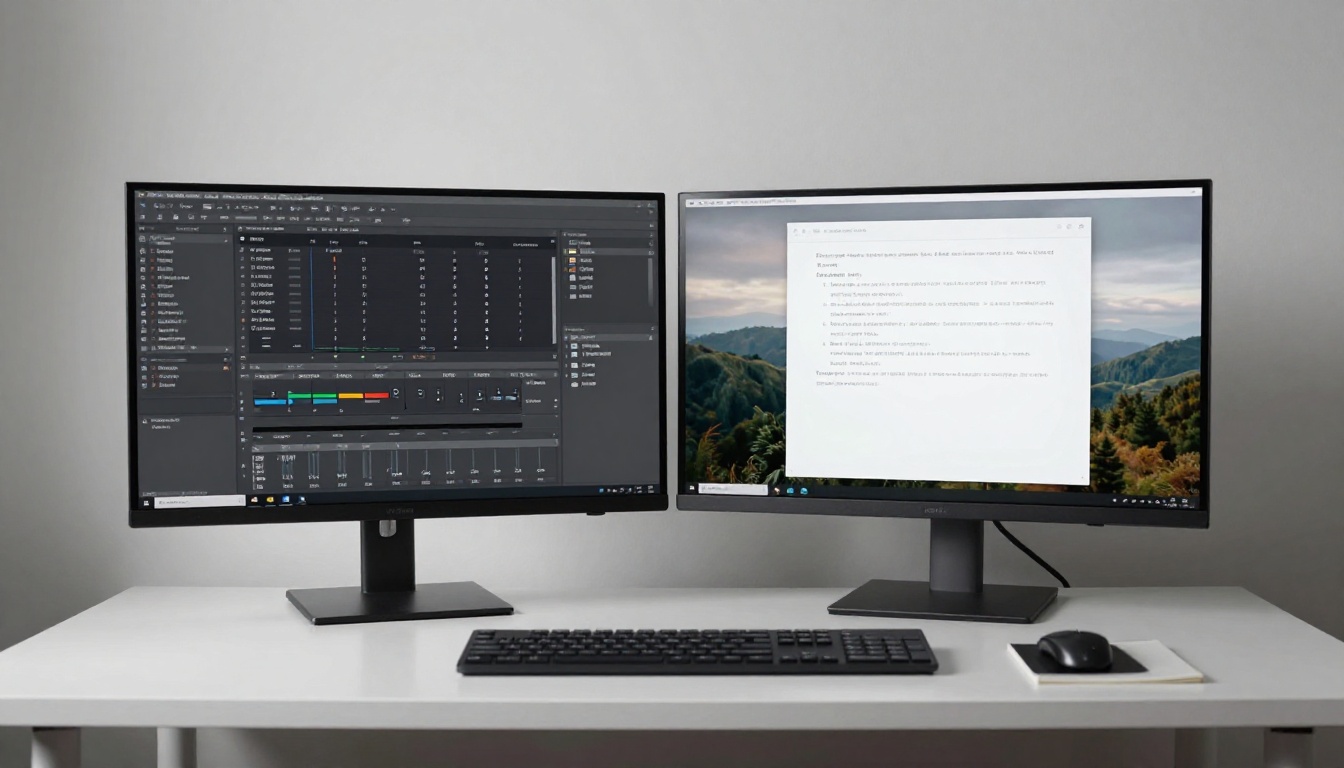 Two monitors side by side comparing complex layer interface versus clean AI image output