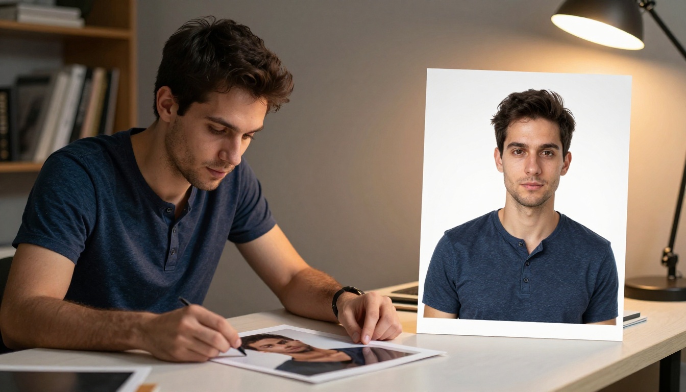 Graphic designer comparing two prints showing before and after AI background removal