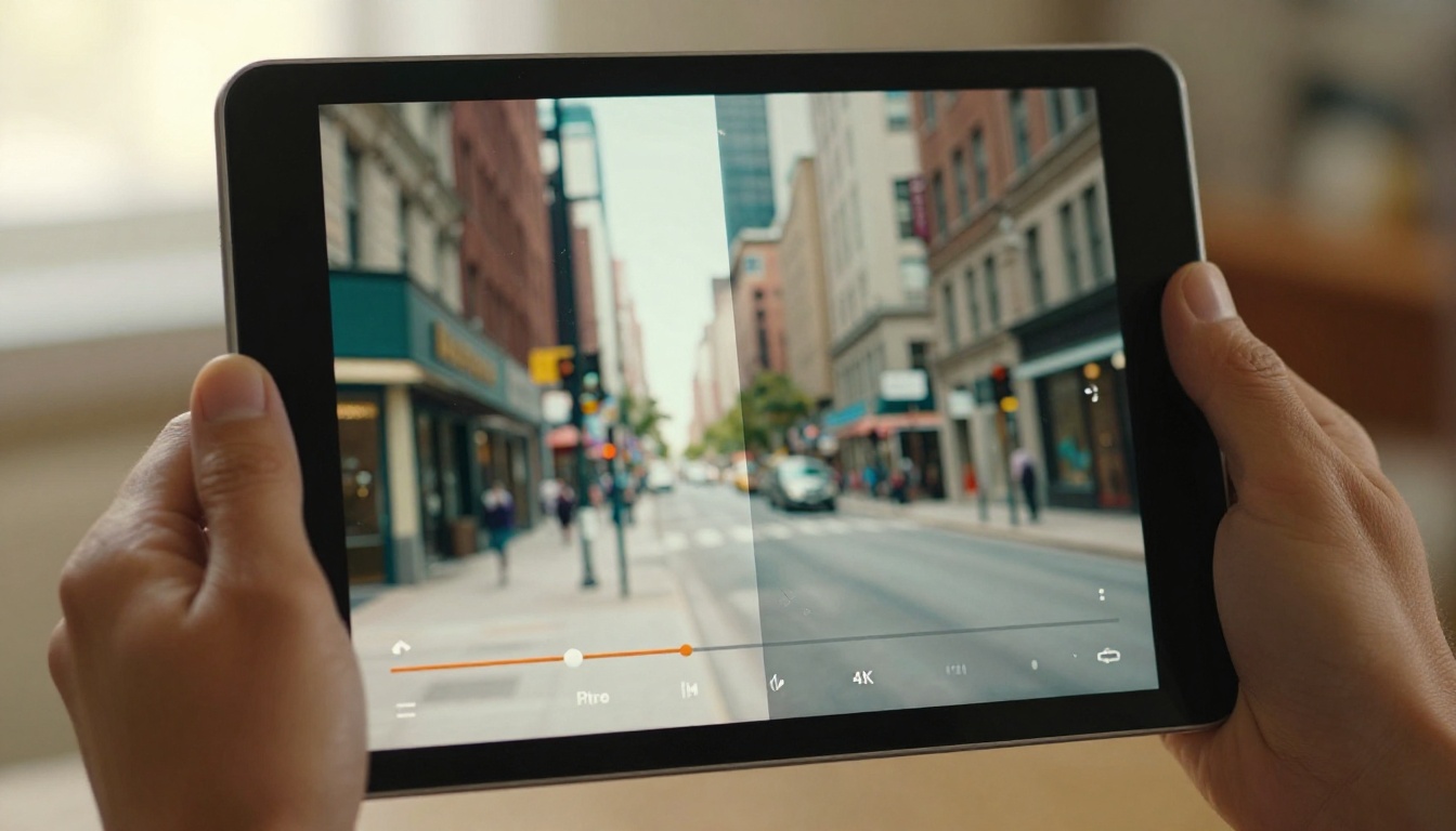 Hands holding tablet showing before-and-after upscaling comparison of city street photo