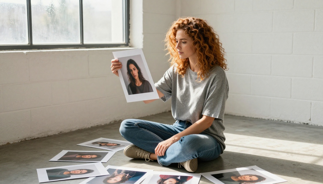 Woman holding AI-processed portrait print with clean isolated subject toward bright studio window