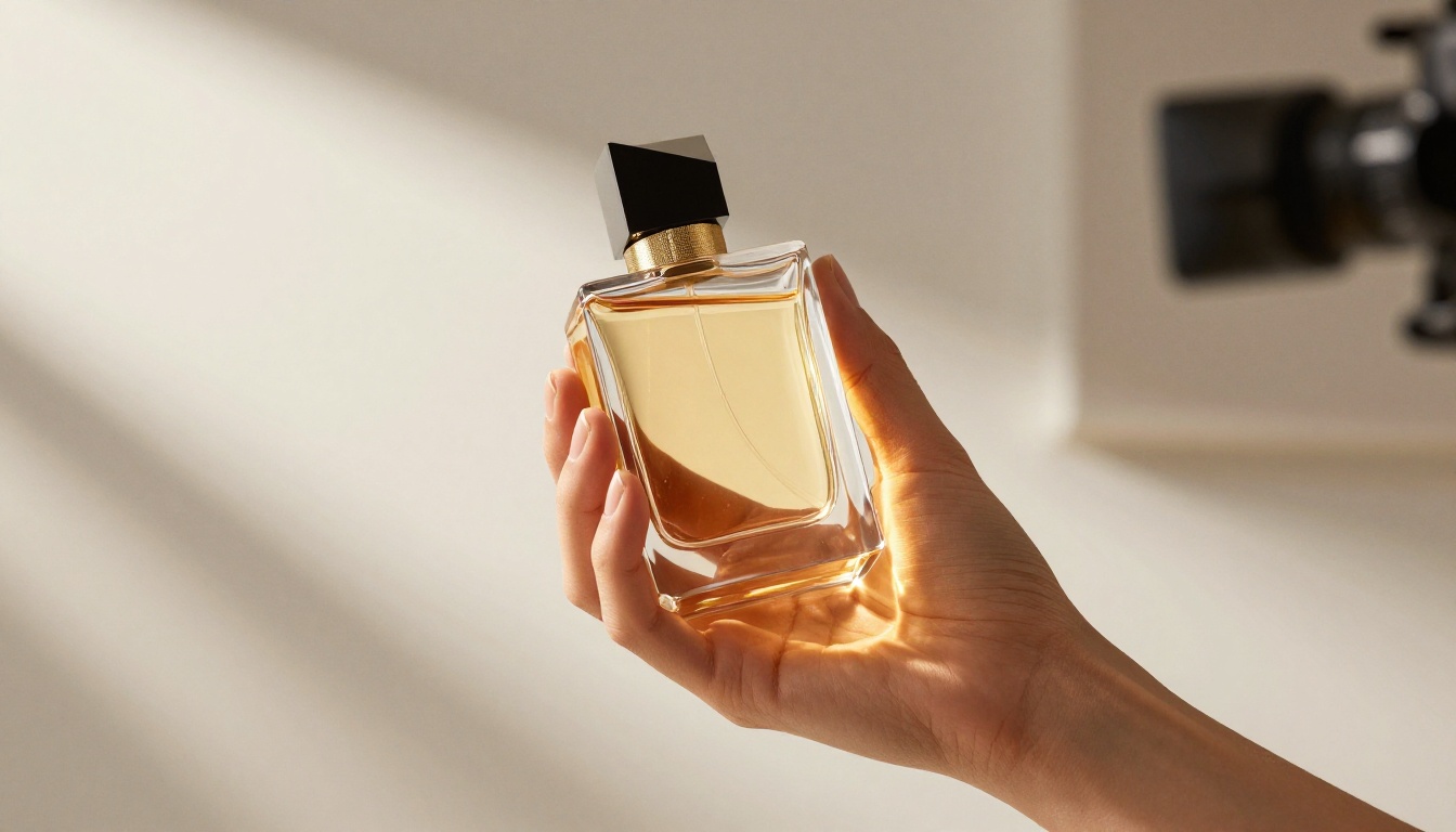 Premium product photography with woman showcasing a luxury fragrance bottle